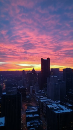 A breathtaking sunset casts hues of orange and purple over the city skyline. Tall buildings stand silhouetted against the vibrant sky, with city streets illuminated below.の素材