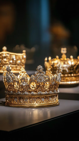 Intricately designed golden crowns are displayed on dark pedestals, highlighting their detailed craftsmanship and historical significance during a museum exhibition of royal treasures.の素材
