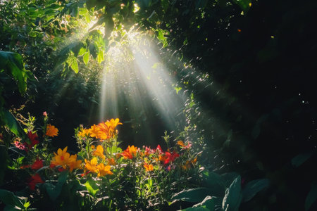 Sunlight pours through the leaves of trees, illuminating a sea of colorful flowers in a peaceful garden. The natural beauty creates a tranquil atmosphere for relaxation.の素材