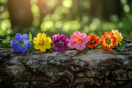 Vibrant flowers in shades of blue, yellow, pink, orange, and purple are artistically placed on a weathered log, bathed in soft sunlight filtering through the trees.の素材