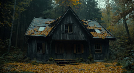 An old, abandoned cabin stands in a dense, foggy forest with autumn leaves covering its roof. The eerie highlights the atmosphere of the structures rustic charm and decay.の素材