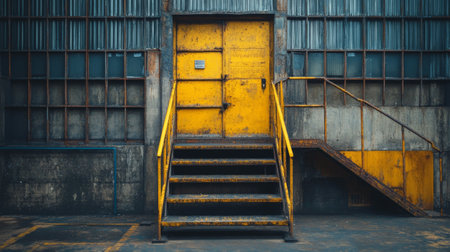 A yellow support column stands prominently in a deteriorating industrial space. The floor shows signs of wear, with peeling paint and a gritty texture, suggesting neglect over time.の素材