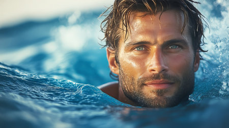 A man with bright blue eyes and a charming smile looks directly at the viewer while on a boat. The sunlight highlights his features against a backdrop of calm sea.の素材