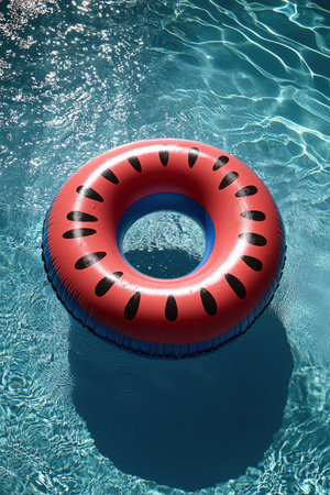 A vibrant watermelon-shaped float is gently bobbing in a clear blue pool. Sunlight reflects off the waters surface, creating a serene summer atmosphere.の素材