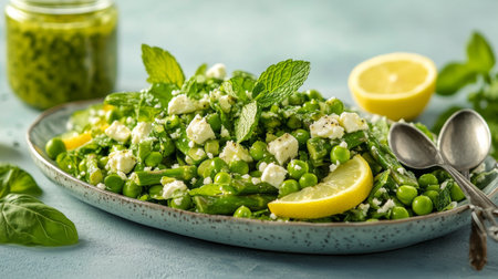 This vibrant spring salad showcases a colorful mix of peas, asparagus, and fresh mint, garnished with lemon slices and sprinkled with cheese. Perfect for a light meal.の素材
