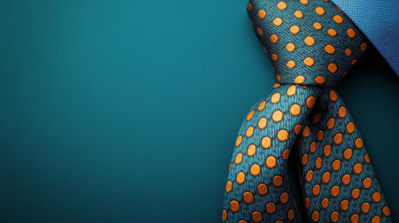 A vibrant teal backdrop highlights a stylish polka dot tie with orange dots, elegantly secured with a formal blue knot, perfect for upscale occasions and professional settings.の素材