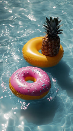 Bright summer day features a pineapple and vibrant donut floaties in a clear blue pool surrounded by palm trees. The sun shines down, creating a joyful atmosphere.の素材
