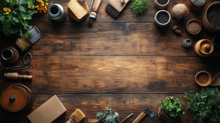 A warm and inviting winter setting featuring pinecones and fresh greenery on a textured wooden surface. Soft lighting and natural elements create a festive atmosphere.の素材