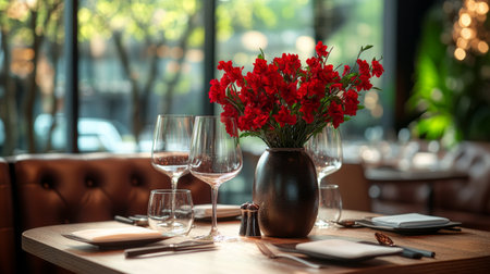 A beautifully arranged dining table features vibrant red flowers in a vase surrounded by several glasses and silverware.の素材