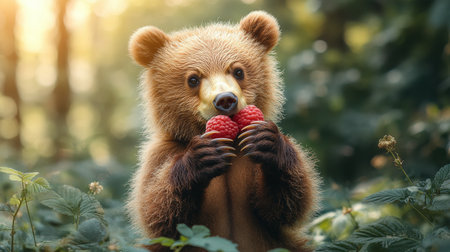 A small bear sits among green foliage, happily holding a cluster of red berries. The forest is filled with vibrant plants and flowers, creating a cheerful atmosphere.の素材
