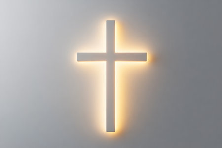 A simple, modern cross is softly illuminated against a smooth wall, creating a calming atmosphere and evoking a sense of peace and reflection.の素材