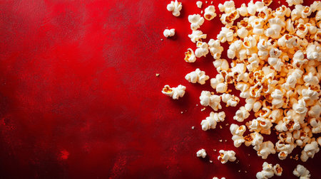 A pile of popcorn is spread across a bright red surface, showing the fluffy texture and golden accents of the snack. Perfect for movie nights and gatherings.の素材