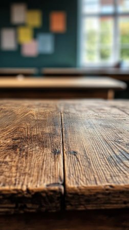 Warm wooden tables are set in a relaxed caf environment, illuminated by soft natural light streaming through windows, creating an inviting atmosphere for customers.の素材