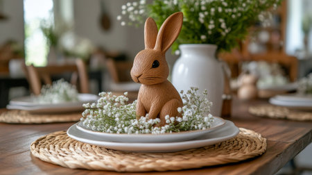 A beautifully set table showcases a wooden rabbit figurine as the centerpiece, surrounded by small white flowers and elegant tableware in a cozy dining space.の素材