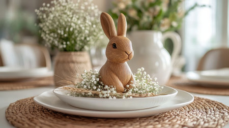 A beautifully set table showcases a wooden rabbit figurine as the centerpiece, surrounded by small white flowers and elegant tableware in a cozy dining space.の素材