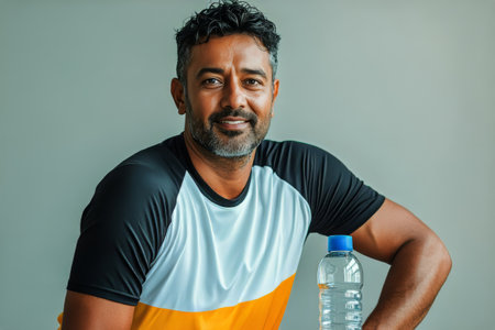 A man with wavy black hair and a beard smiles while sitting next to a water bottle after completing an intense workout in a gym, showing a relaxed and proud demeanor.の素材