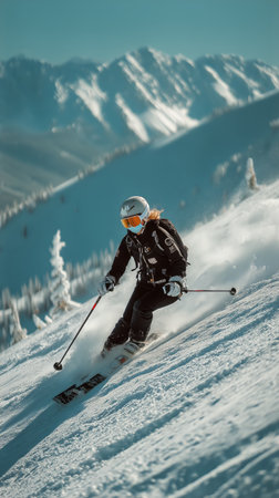 Skier glides down a snow-covered slope in a picturesque mountain range surrounded by evergreen trees in bright daylight.の素材
