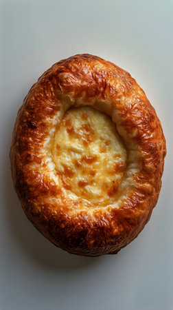 A beautifully baked khachapuri, featuring a soft cheese filling and a sunny-side-up egg at the center, garnished with fresh greenery, presented on a white plate.の素材