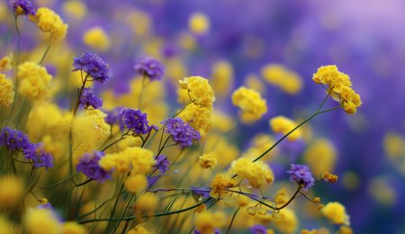 Vibrant clusters of yellow and purple wildflowers fill the meadow, bathed in warm sunlight. The scene captures the essence of spring with nature in full bloom.の素材