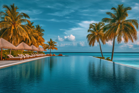 Infinity pool reflects bright skies and palm trees, inviting guests to relax by the water. Sun loungers offer comfort with stunning ocean views at this tropical getaway.の素材