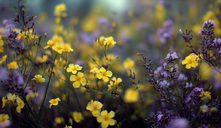 Vibrant clusters of yellow and purple wildflowers fill the meadow, bathed in warm sunlight. The scene captures the essence of spring with nature in full bloom.の素材