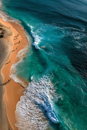 Aerial perspective captures serene waves crashing onto a beautiful sandy beach where people stroll along the shore, enjoying a sunny day under clear skies.の素材