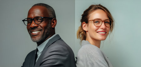 Professionals stand back to back, smiling confidently in a contemporary office space. Others are seen in the background engaged in conversation during a networking event.の素材