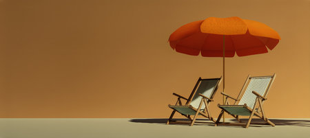 Two wooden lounge chairs sit under a vibrant orange umbrella against a warm, sandy backdrop on a sunny day, inviting relaxation and leisure.の素材