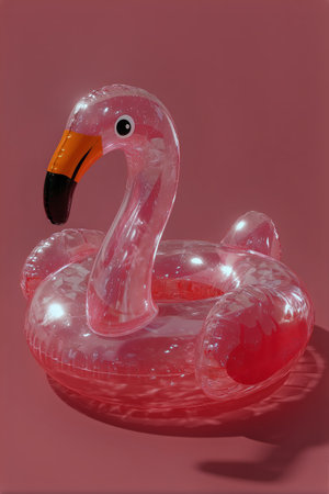 A vibrant pink inflatable flamingo float sits against a solid backdrop, showing its whimsical design perfect for summer pool parties and fun water activities.の素材
