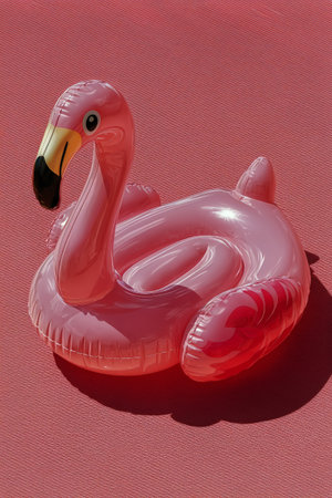 A clear inflatable swan float rests in vibrant pink pool water under bright sunlight during summer. The float adds playful charm to the serene water environment.の素材