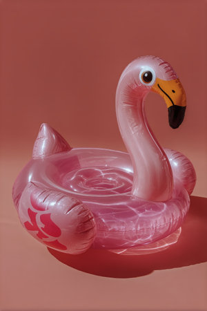 A vibrant pink inflatable flamingo float sits against a solid backdrop, showing its whimsical design perfect for summer pool parties and fun water activities.の素材