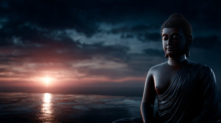 A tranquil Buddha statue sits peacefully by the sea, illuminated by a stunning sunset. The scene conveys a deep sense of serenity and spiritual reflection during twilight.の素材