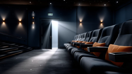 Bright light streams into a dark movie theater from an open door, illuminating empty seats with orange cushions and creating a serene atmosphere.の素材