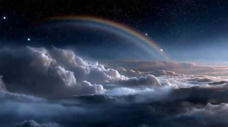 A vibrant rainbow curves gracefully over fluffy clouds, illuminated by a soft dusk light, with stars twinkling in the darkening sky, creating a tranquil atmosphere.の素材