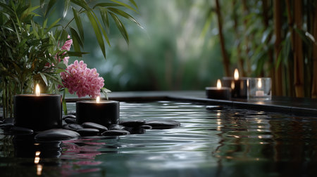Serene water feature with smooth stones, surrounded by green plants and vibrant flowers, illuminated by flickering candles, creating a peaceful atmosphere in a quiet garden.の素材