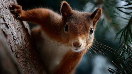 A squirrel is climbing a rough tree trunk, its fur illuminated by soft morning light. The lush green foliage surrounds the animal, adding to the serene forest atmosphere.の素材