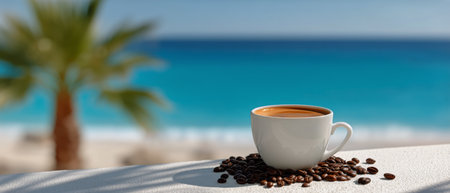 A white cup filled with rich coffee sits on a white table, surrounded by coffee beans, with a stunning beach and palm trees in the background on a sunny day.の素材