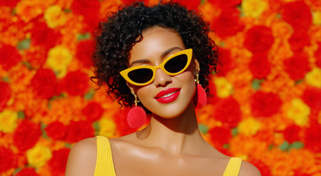 A fashionable model stands among colorful flowers in a lively outdoor setting. She wears chic sunglasses and statement earrings that add flair to her summer look.の素材