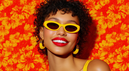 A woman with curly hair wears trendy yellow sunglasses and bright red lipstick, smiling against a colorful floral pattern background that enhances her playful style.の素材