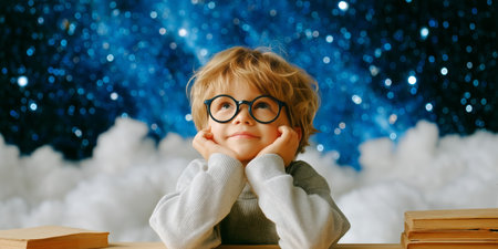 A young child gazes dreamily while resting their chin on their hands, surrounded by books, against a vibrant starry background, evoking wonder and imagination.の素材