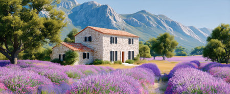 A charming stone house sits amid vibrant lavender fields, with majestic mountains rising in the background under a clear blue sky. It is a peaceful and beautiful setting.の素材