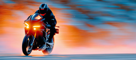 A rider on a powerful motorcycle speeds through a landscape, creating a dynamic blur effect. The focus is on the excitement and motion, with vibrant colors enhancing the rush.の素材