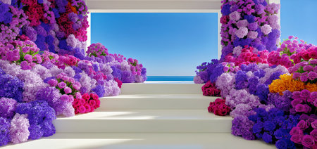 Vibrant flowers in various shades surround a white staircase leading to an open view of the ocean under a clear blue sky. This captivating display showcases natures beauty.の素材