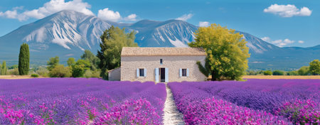 Vibrant lavender fields stretch across the landscape, leading to a charming house set against majestic mountains.の素材