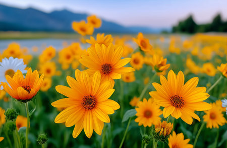 Bright yellow flowers flourish in a meadow, their petals glowing against the backdrop of mountains during sunset. The vibrant scene captures natures beauty and tranquility.の素材