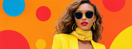 This confident woman showcases her fashion sense with bold colors, oversized sunglasses, and playful accessories against a vibrant backdrop, highlighting summer trends and style.の素材