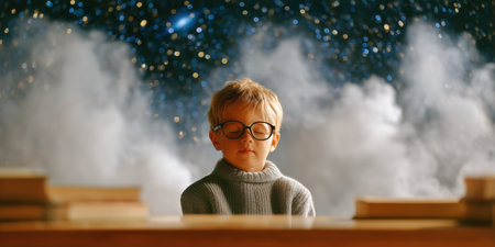 A young child gazes dreamily while resting their chin on their hands, surrounded by books, against a vibrant starry background, evoking wonder and imagination.の素材