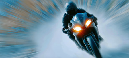 A rider on a powerful motorcycle speeds through a landscape, creating a dynamic blur effect. The focus is on the excitement and motion, with vibrant colors enhancing the rush.の素材