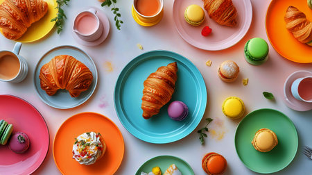 Brightly colored plates display an assortment of pastries, including croissants and macarons, alongside cups of coffee and fresh fruits, creating a lively brunch atmosphere.の素材
