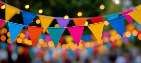 Bunting flags in vibrant colors hang above a lively outdoor event, with twinkling lights enhancing the joyful atmosphere as people gather to celebrate in the evening.の素材